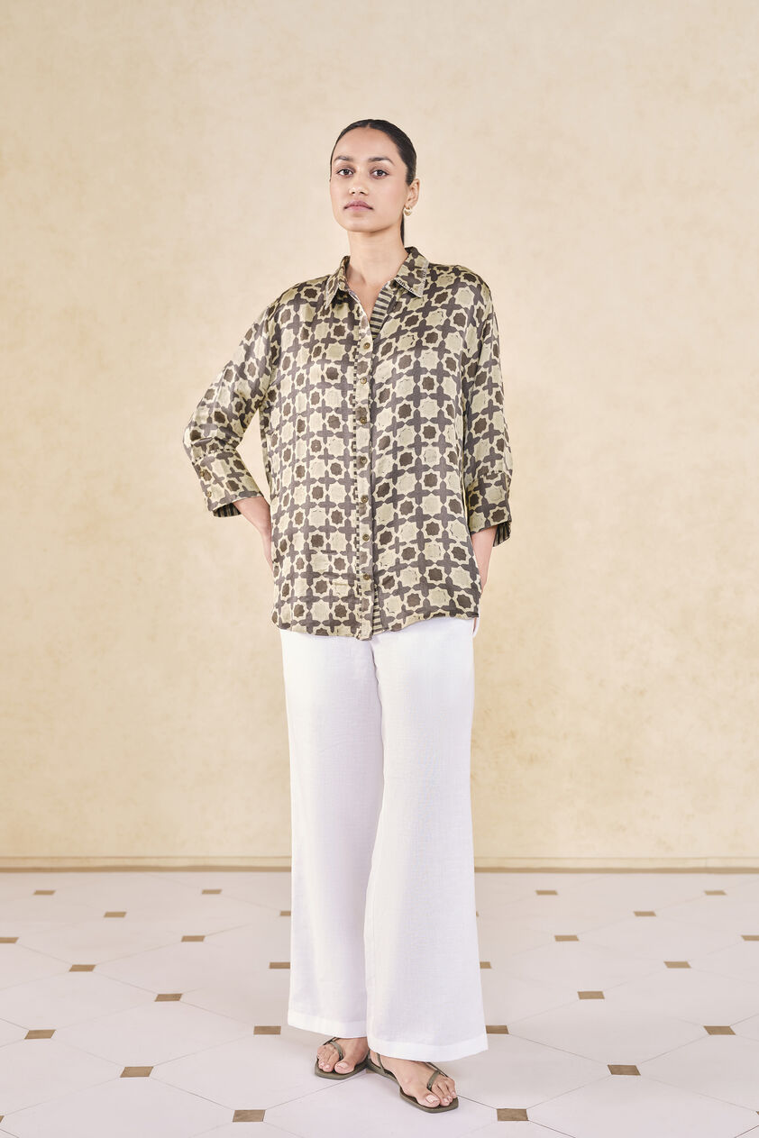 Halidrys Handcrafted Ajrakh Silk Top - Grey, Grey, image 1
